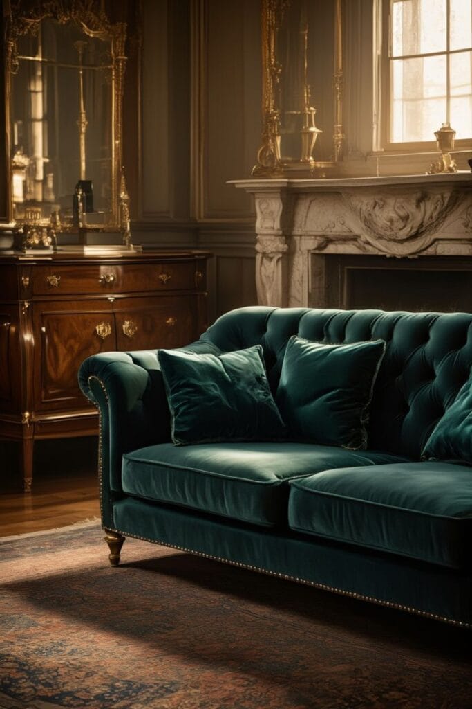 Velvet sofa adding rich texture to vintage home decor
