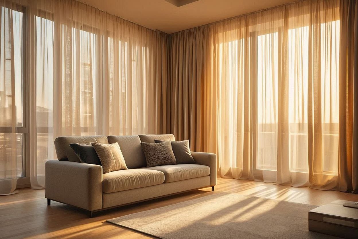 luxury living room with sheer curtains creating a bright , elegant, and expensive -looking home interior