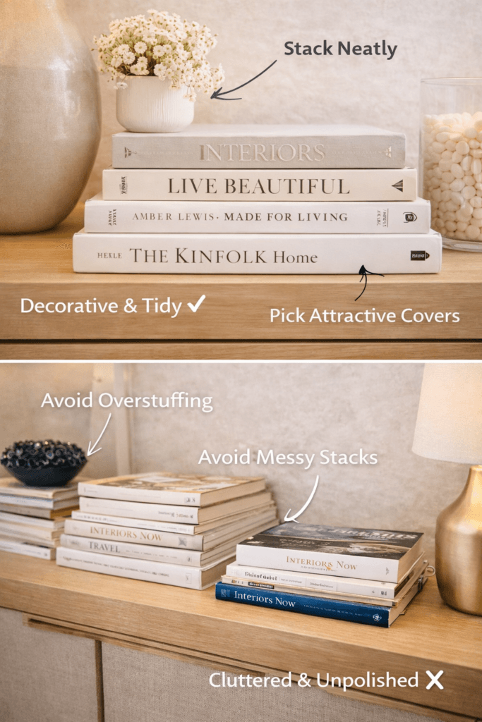 books styled as decor neat stack vs cluttered shelves