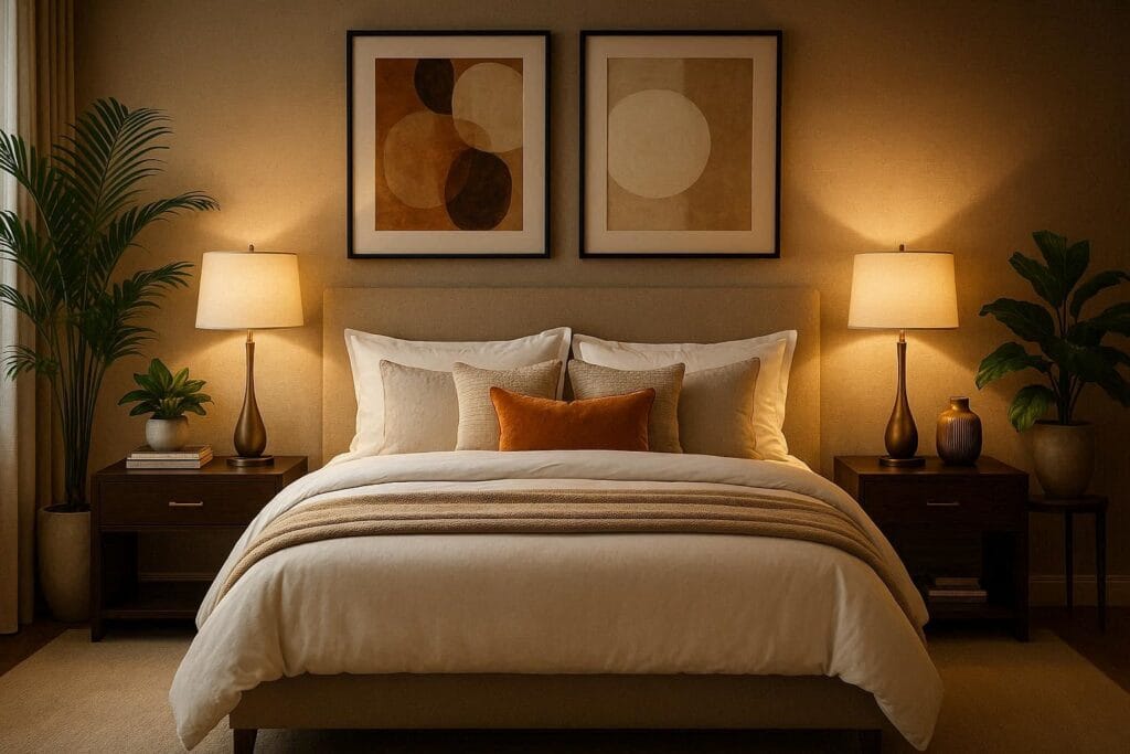 luxury guest room ideas with cozy bed, warm lighting and modern home decor