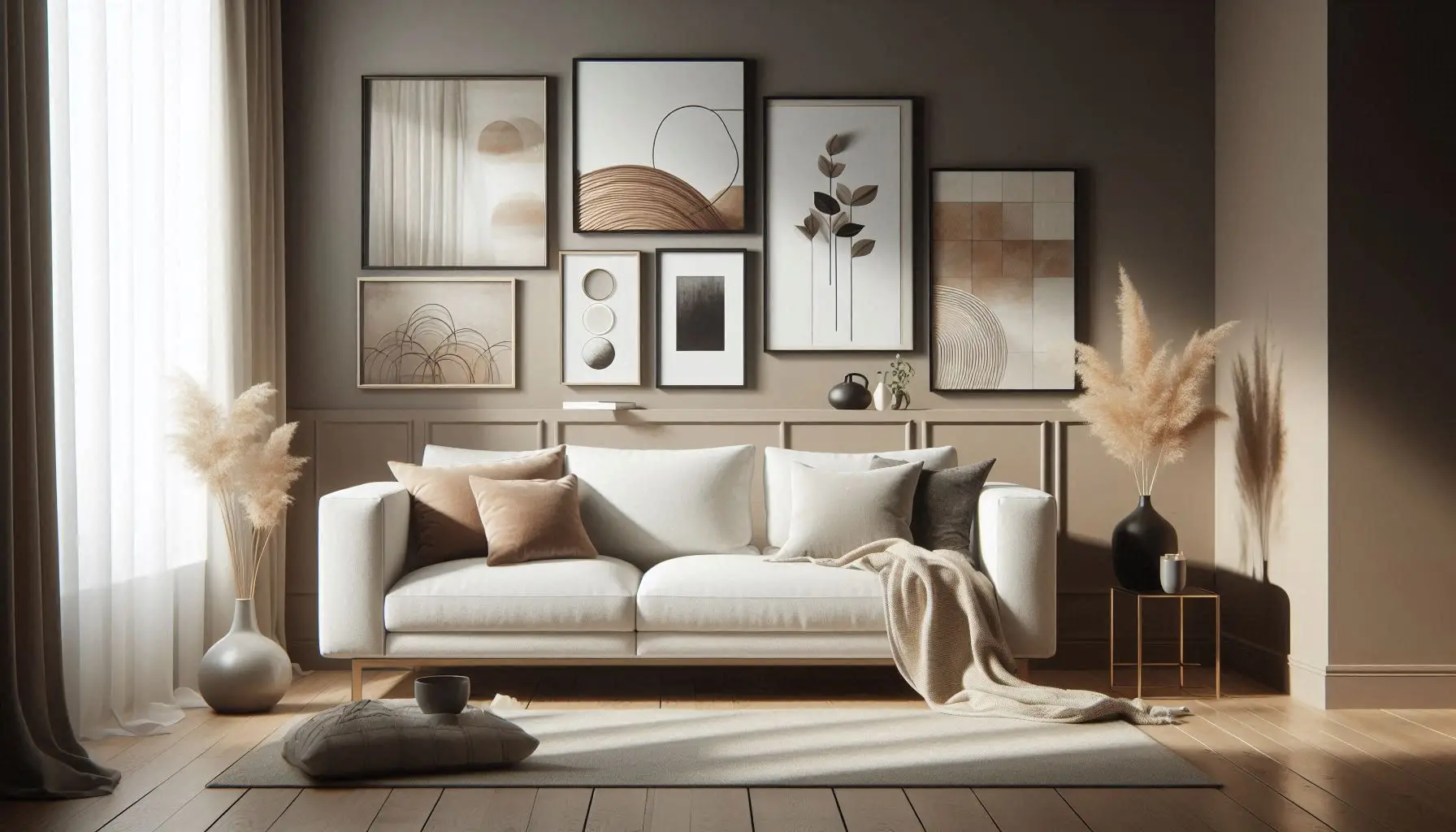 Modern living room with stylish wall art decor above sofa