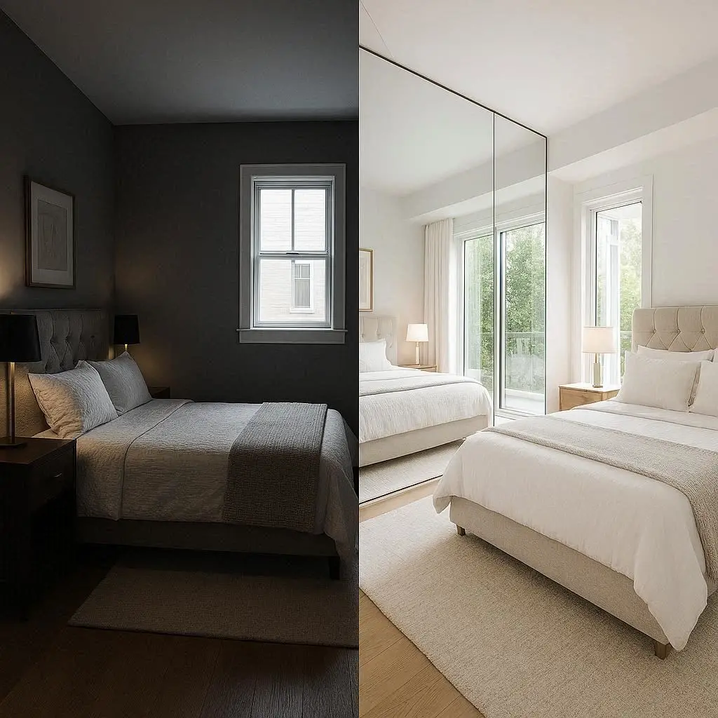 guest room ideas before and after using mirrors to brighten the space 