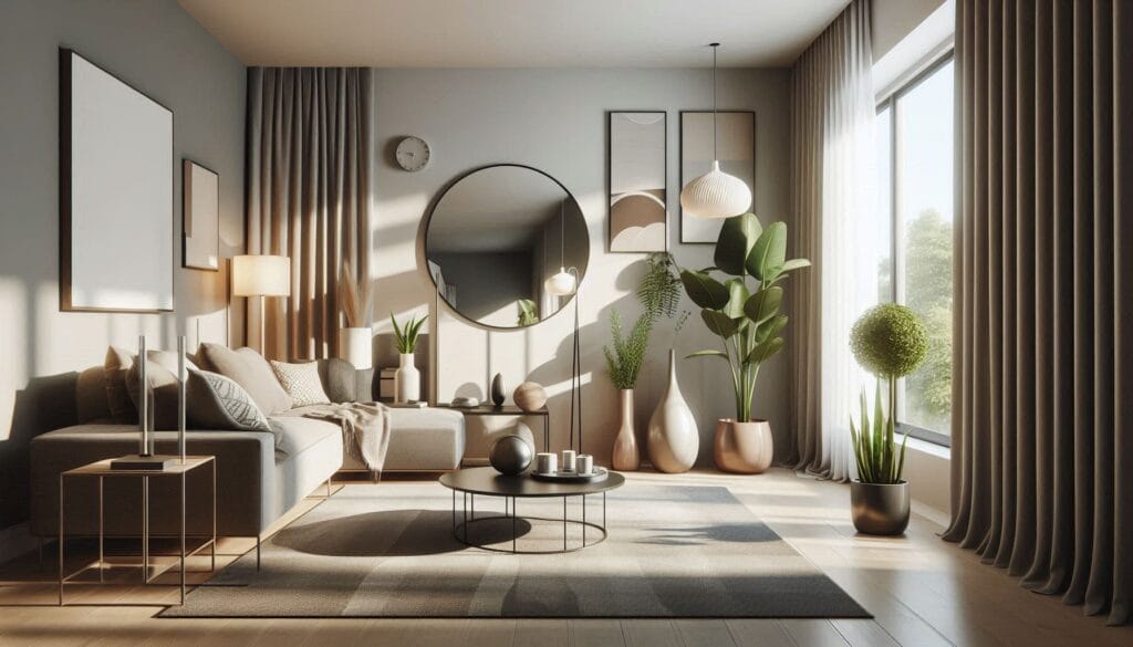 stylish home decor items in a modern living room including mirror , table lamp , rug and indoor plants