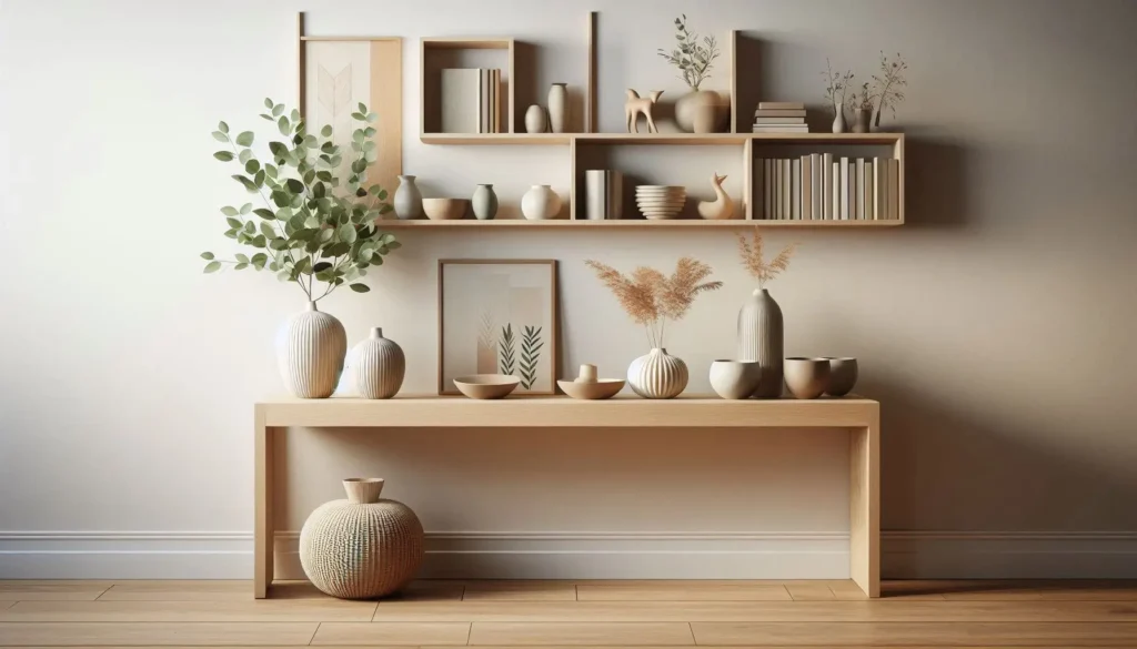 modern living room with wall shalves, bedside table and decorative bowls