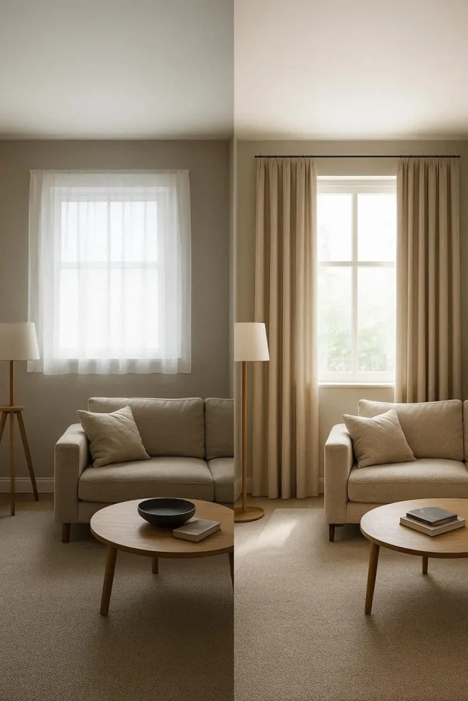 comparison of wrong vs correct curtain length in modern living room