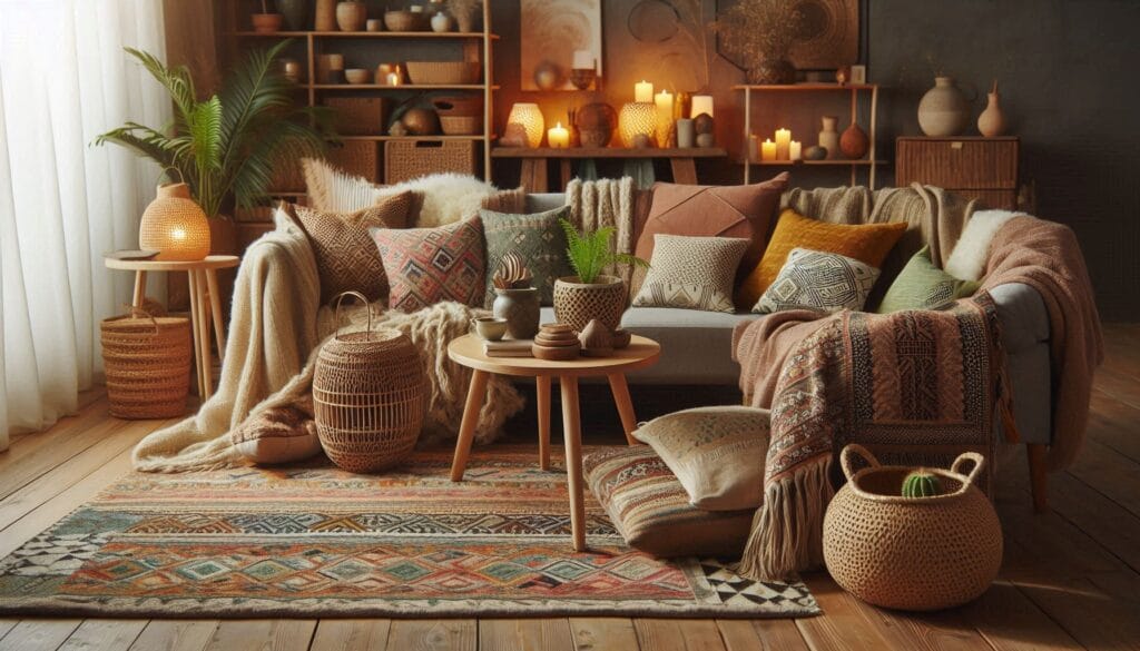 Mixing patterns in boho home decor with rugs and pillows