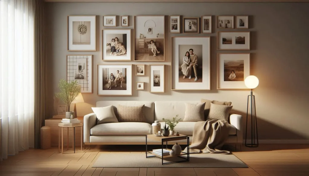 Personal photo wall decor in living room