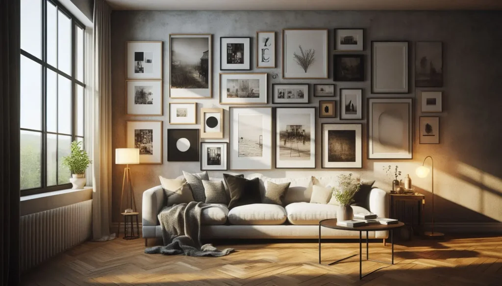 Gallery wall with mixed frames in living room