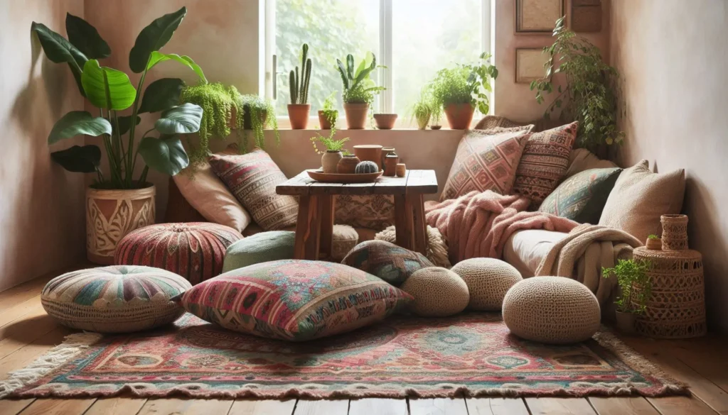 Cozy floor seating boho home decor with cushion and layered rugs