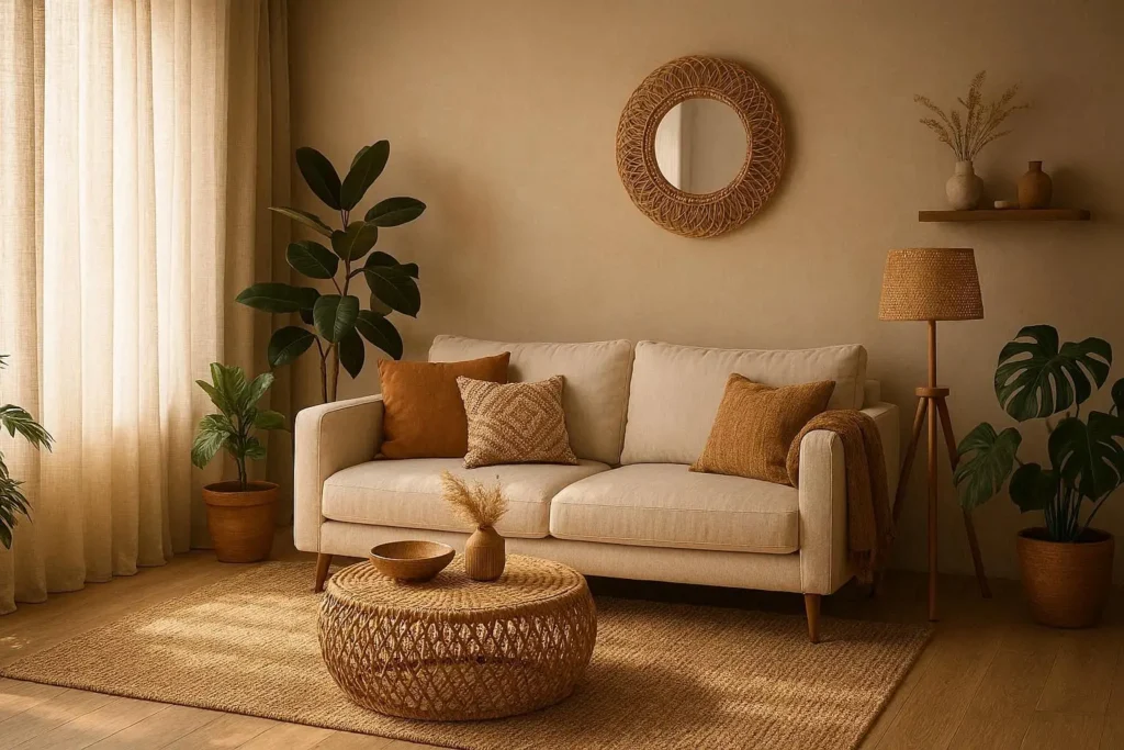 boho style curtains adding personality to modern living room