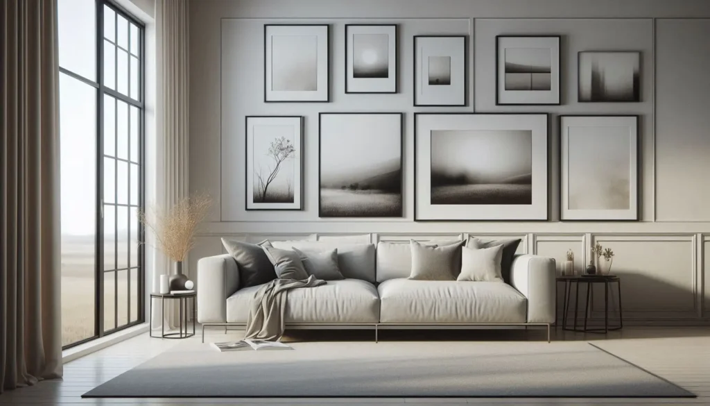 Black and white wall art photography in living room