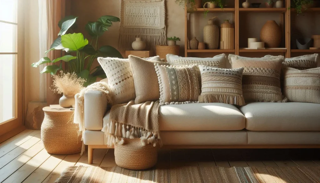 Textured throw pillows in boho decor living room