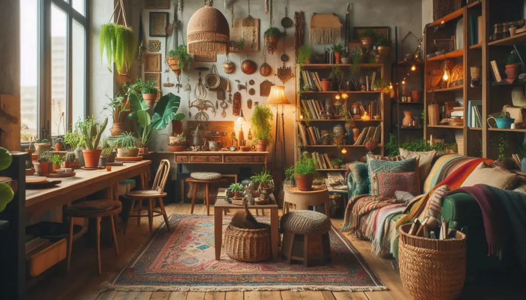 Vintage and thrifted finds used in boho home decor