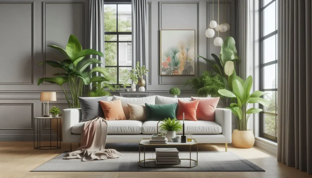 modern living room styled with throw pillow and wall art